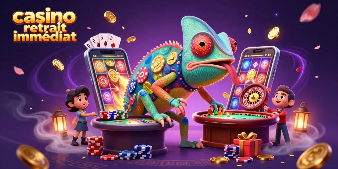 Illustration captivante de casino retrait immédiat avec un caméléon géant, des jeux de cartes et des pièces d'or.