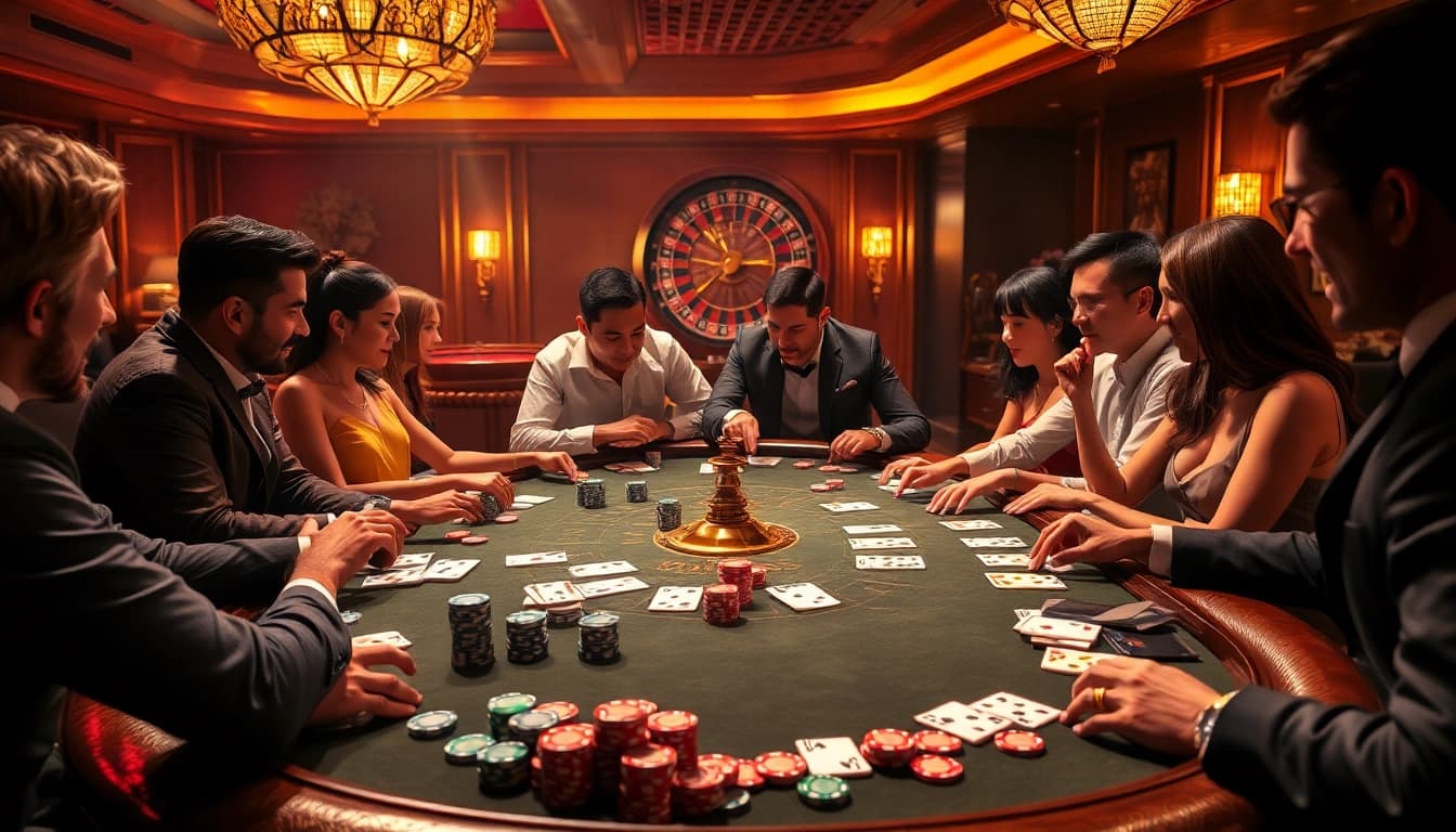 Nohu-themed casino poker game showcasing vibrant chips and an excited atmosphere.