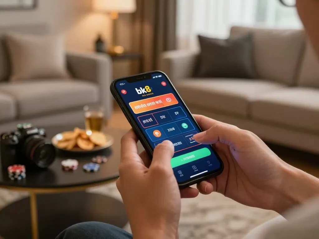 Engaging with bk8 เครดิตฟรี options on a smartphone during a cozy home gaming session.