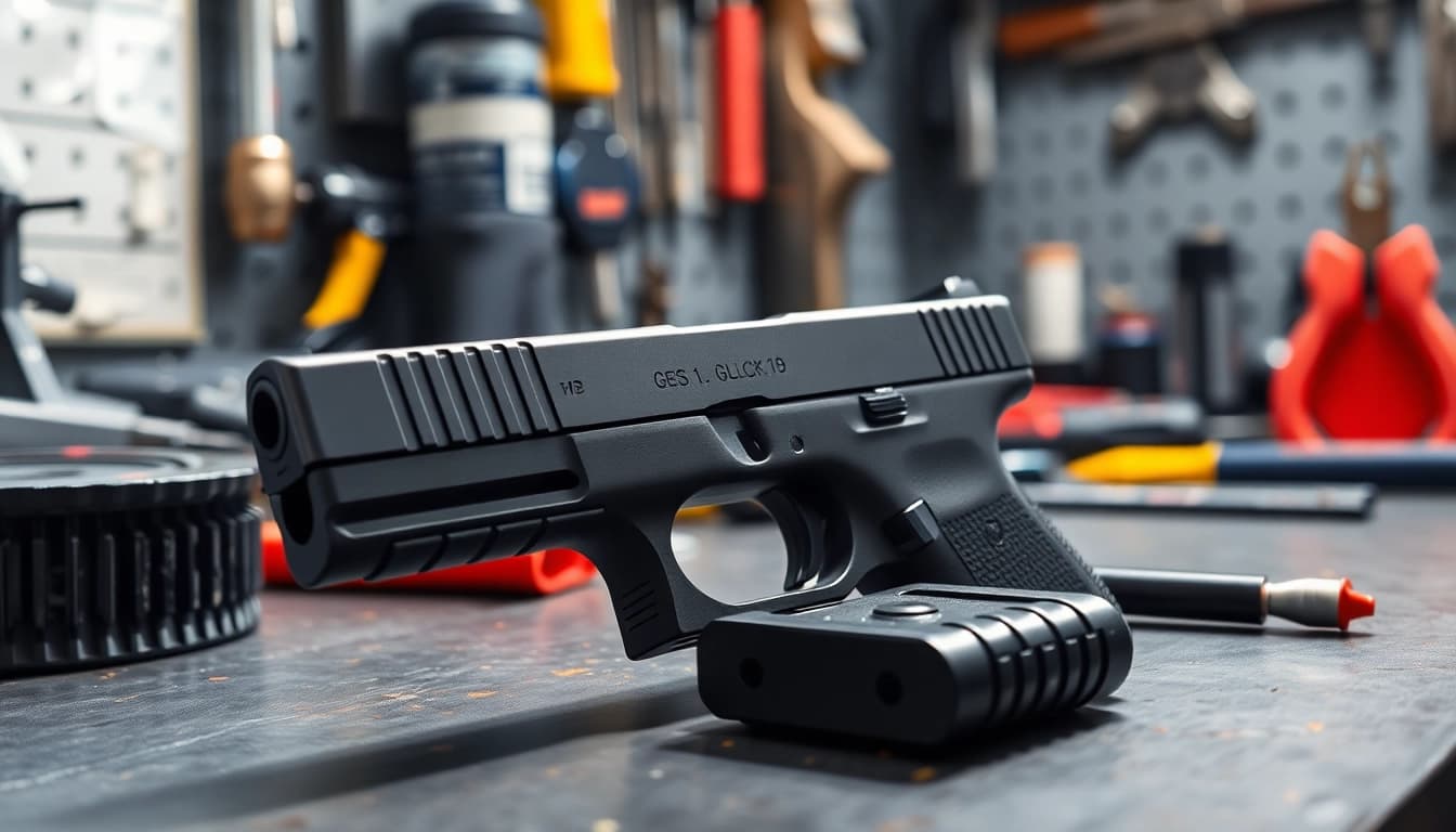 Examine the Glock 19 Gen 5 MOS slide showcasing its sleek features and advanced design.