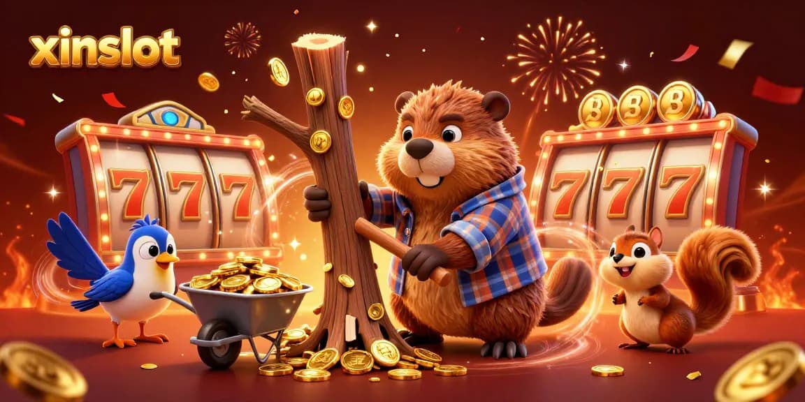 XINSLOT players enjoying a vibrant online casino atmosphere with golden coins raining from a beaver character.