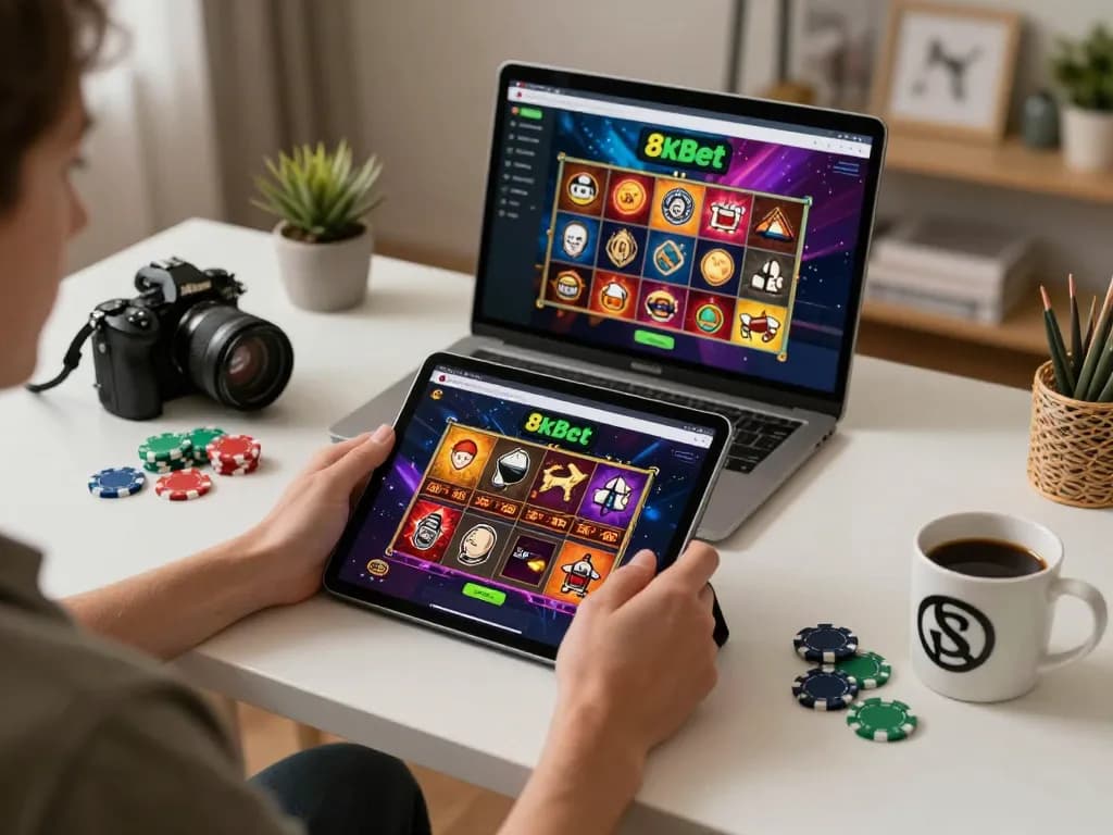 Engaging with the 8xbet casino app in a stylish home gaming setup for a strategic online experience.