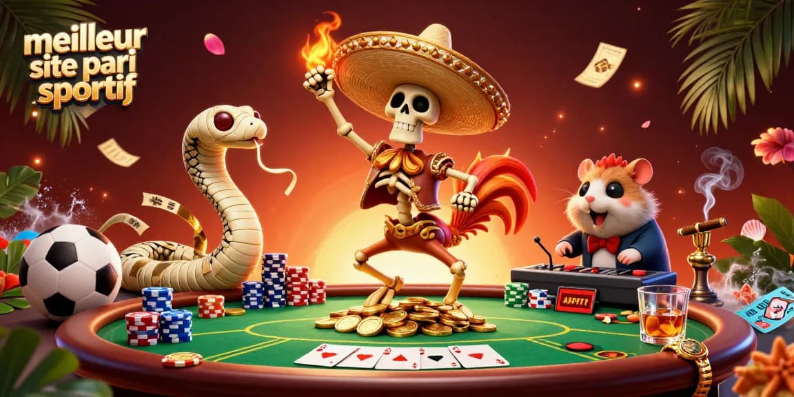 Meilleur site de pari sportif avec un rooster mariachi dansant sur des pièces d'or accompagnée d'une serpente et d'un DJ hamster.