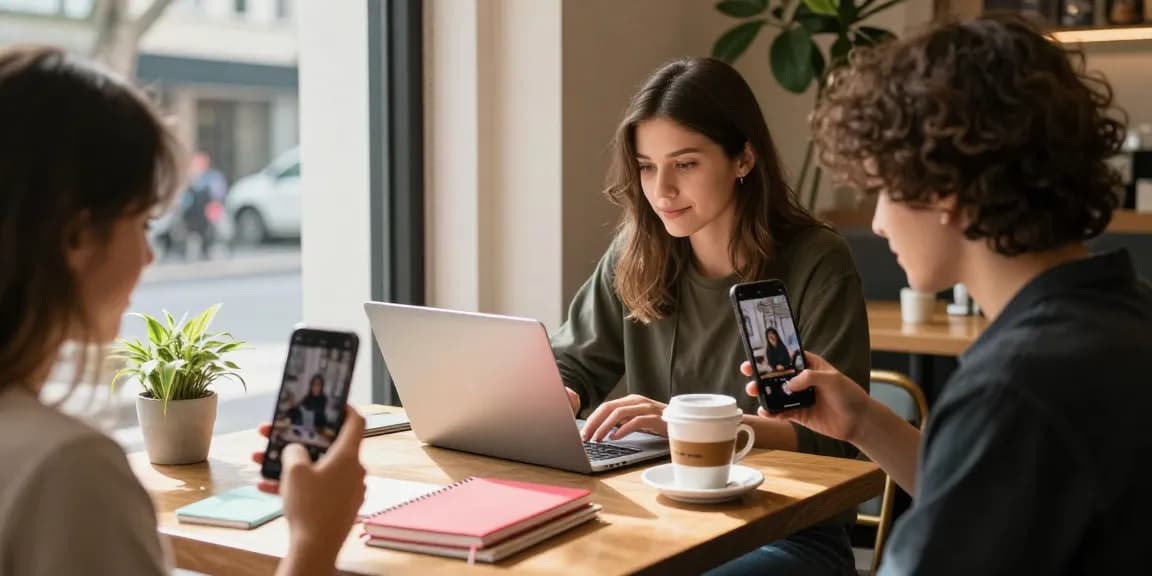 Beim Kauf von Likes für Live-Videos auf Instagram in einem modernen Café mit Influencer, Laptop und kreativen Notizen.