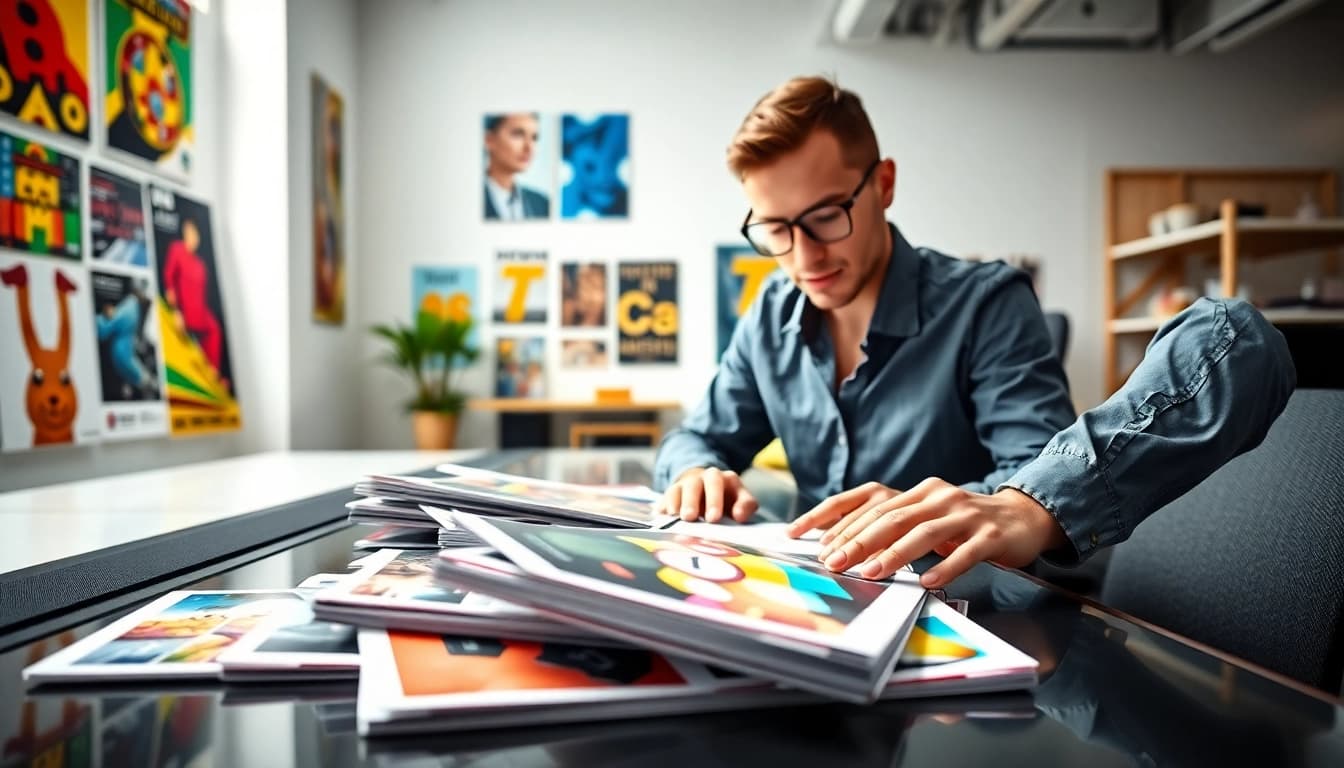 Showcasing vibrant budget printing materials in a modern design studio.