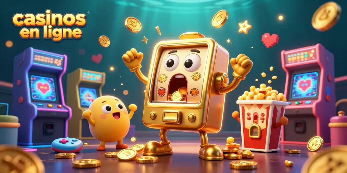 Gagnez avec les casinos en ligne : illustration dynamique de machines à sous et jeux d'arcade.