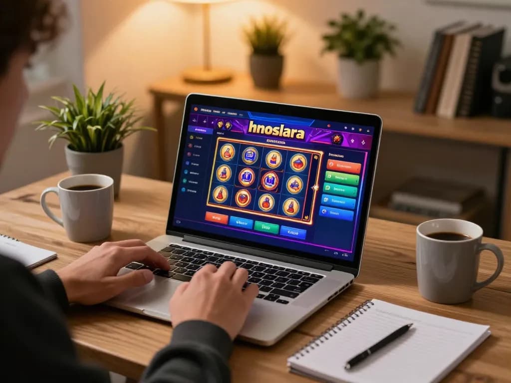 Engaged player exploring hnoslara's casino games on a laptop in a cozy home office.