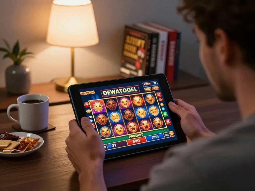 Player experiencing a thrilling win on DEWATOGEL slot game on tablet at home with cozy ambiance