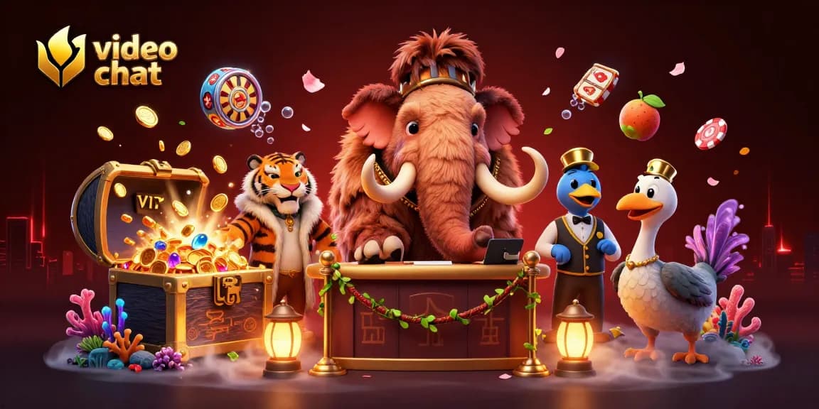 Engage in video chat with a saber-tooth tiger, bouncer mammoth, and doorman dodo amid colorful casino game symbols.