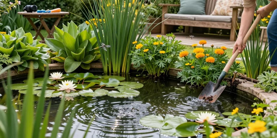 British pond plants thriving in a picturesque garden pond, promoting tranquility and lush greenery.