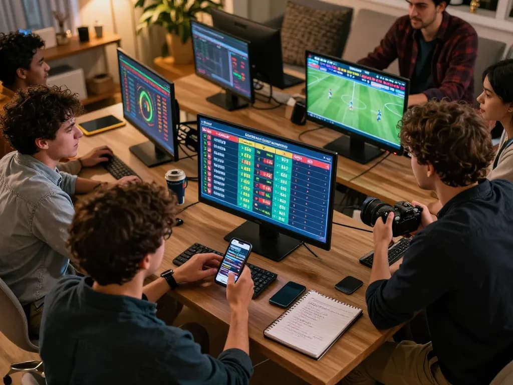 LUCK8 players placing strategic bets during a thrilling sports event, analyzing real-time odds and scores.