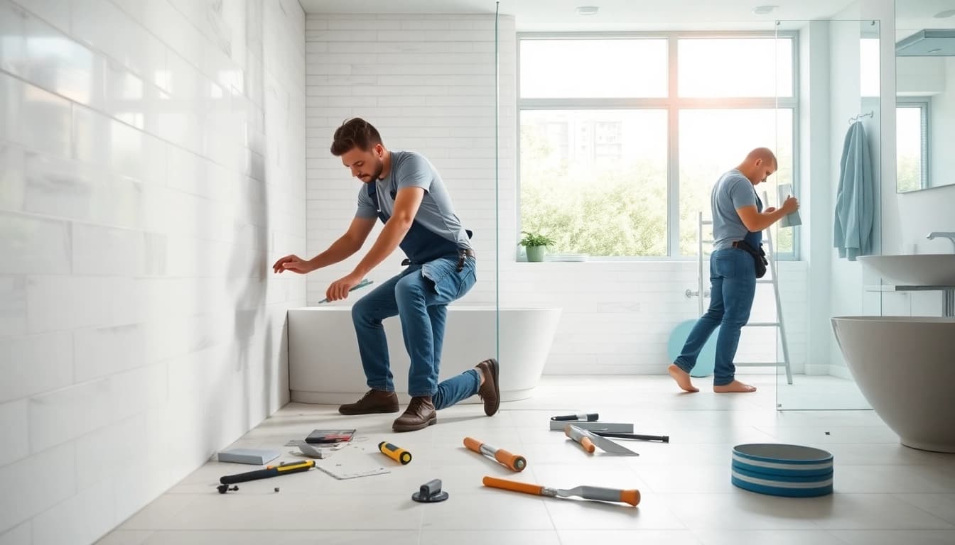 Bathroom installers expertly renovating a modern bathroom space with a stylish design.