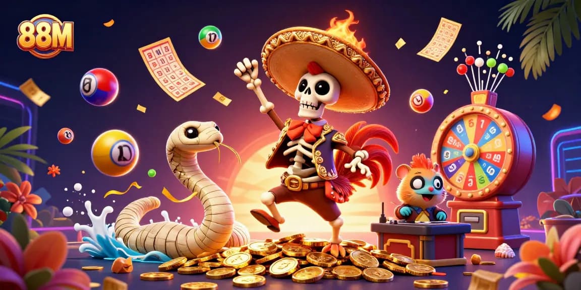 Engage with 88M's vibrant casino scene featuring a festive skeleton rooster and thrilling gaming elements.