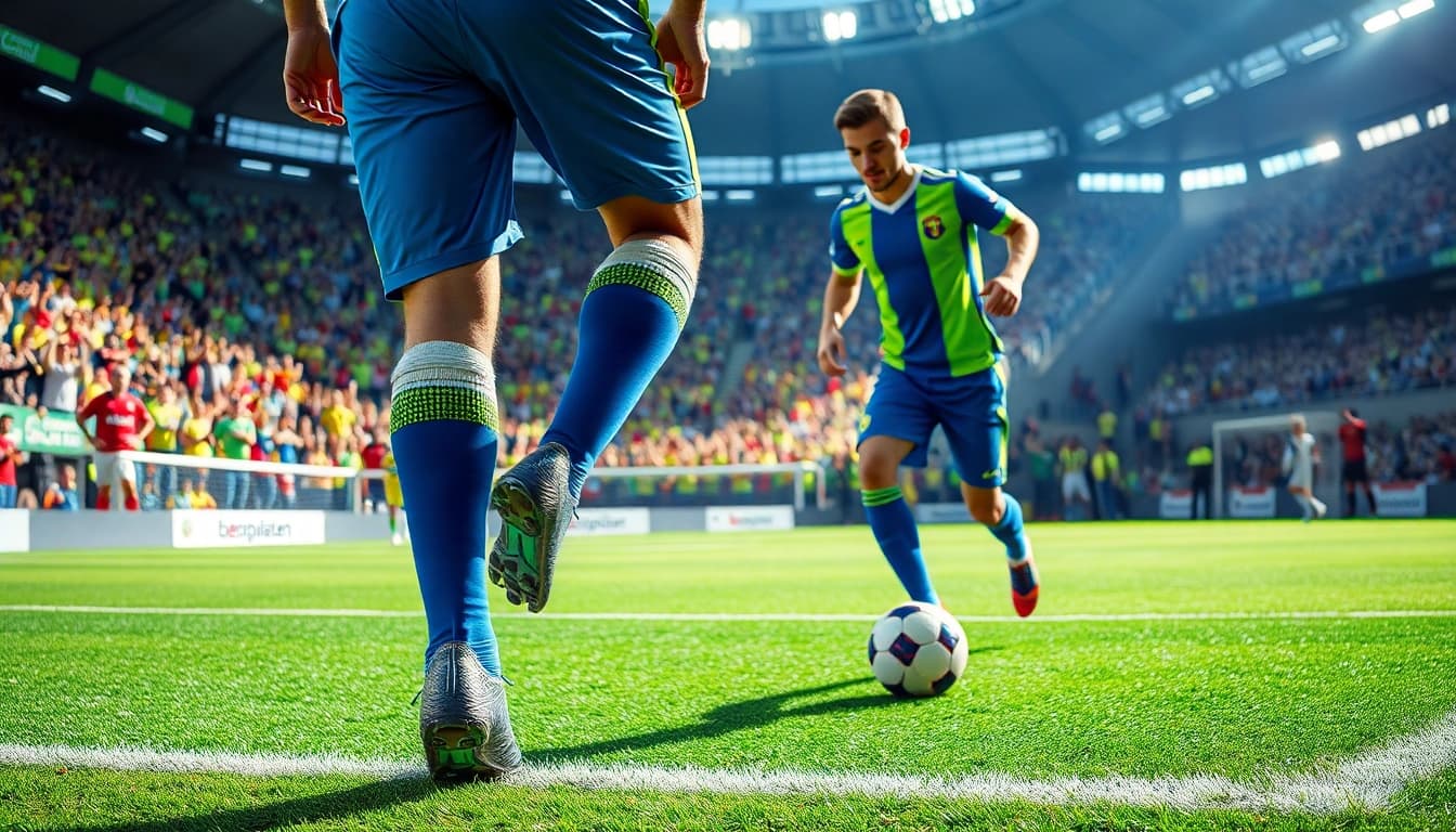 Showcase team football kits featuring a player in action on the pitch, capturing vibrant colors and dynamic energy.