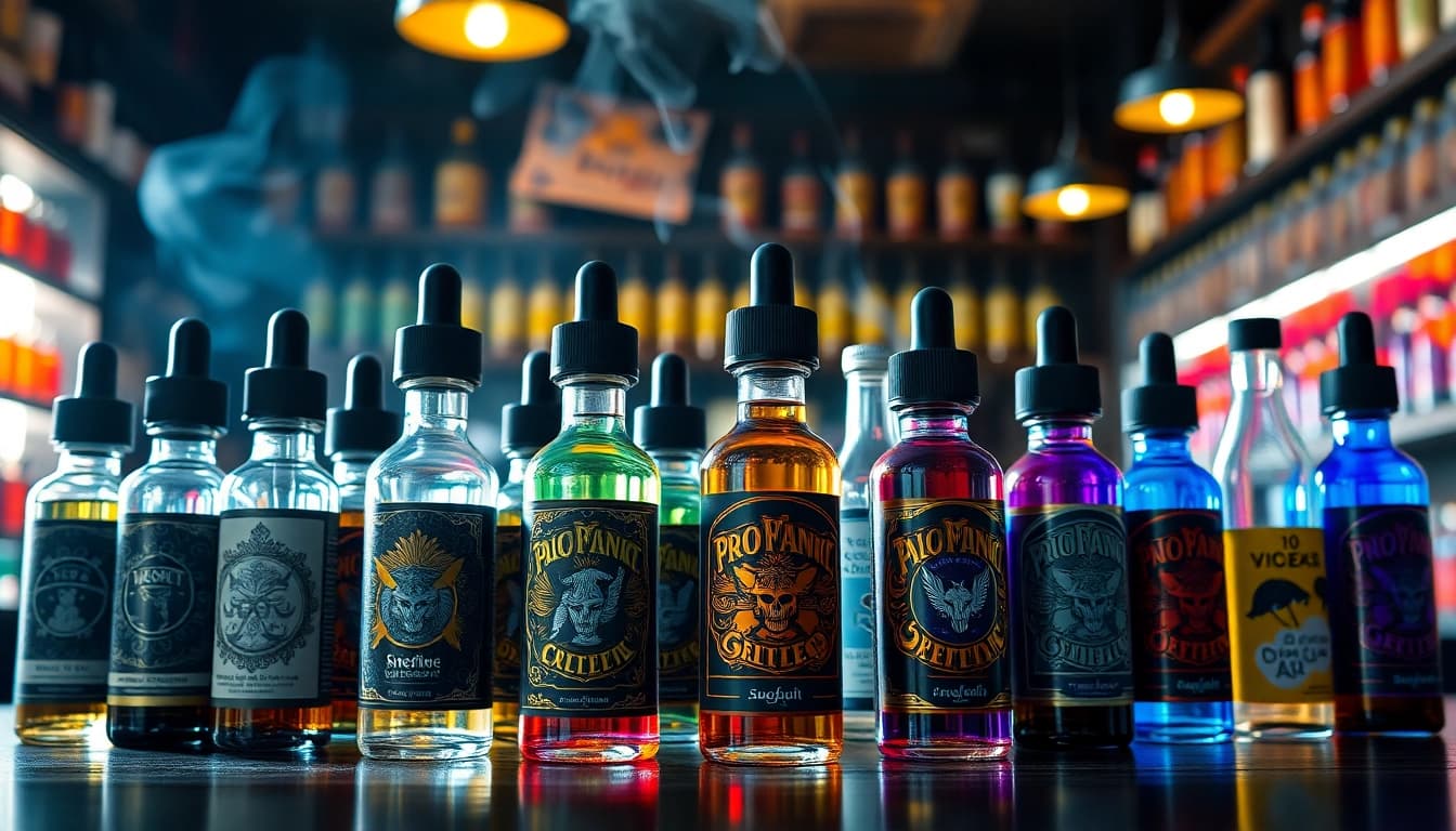 Showcase of vibrant vape juice bottles highlighting unique flavors and designs.