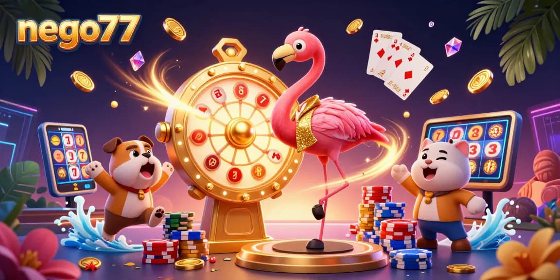 Nego77 enhances gaming excitement with a vibrant 3D illustration depicting lively casino action and gaming elements.