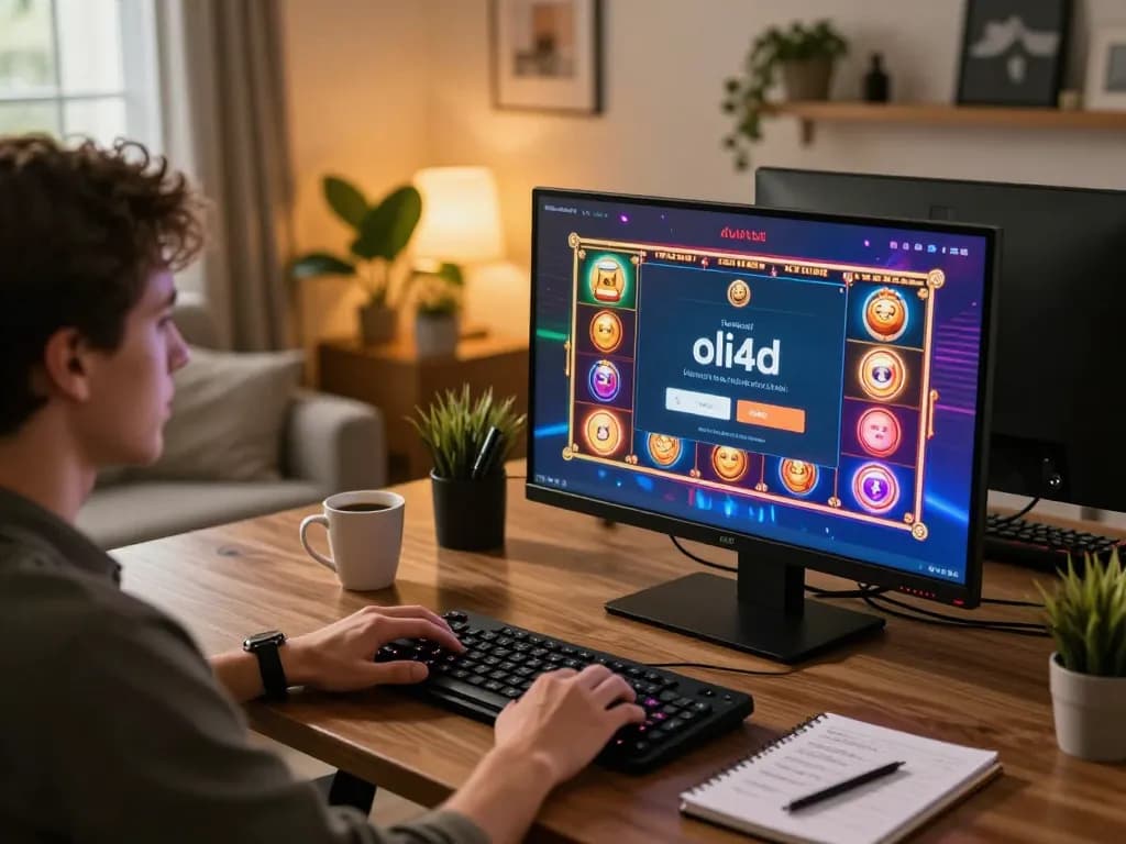 Player accessing the oli4d login on an online casino interface, showcasing colorful slot games and strategic notes.