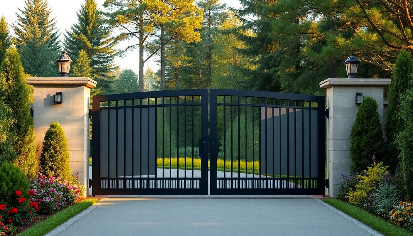 Custom steel gates featured in a stunning driveway setting, emphasizing security and sophistication.