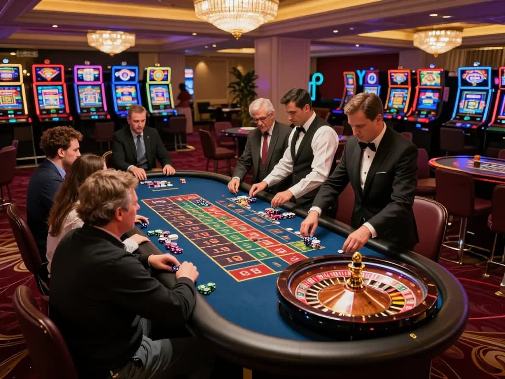 F168 players engaged in an intense roulette game at a luxurious casino table with vibrant atmosphere