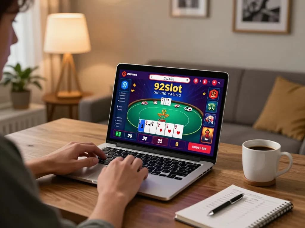 Engaging with 92slot online casino app in a cozy home setup, focusing on strategic play.
