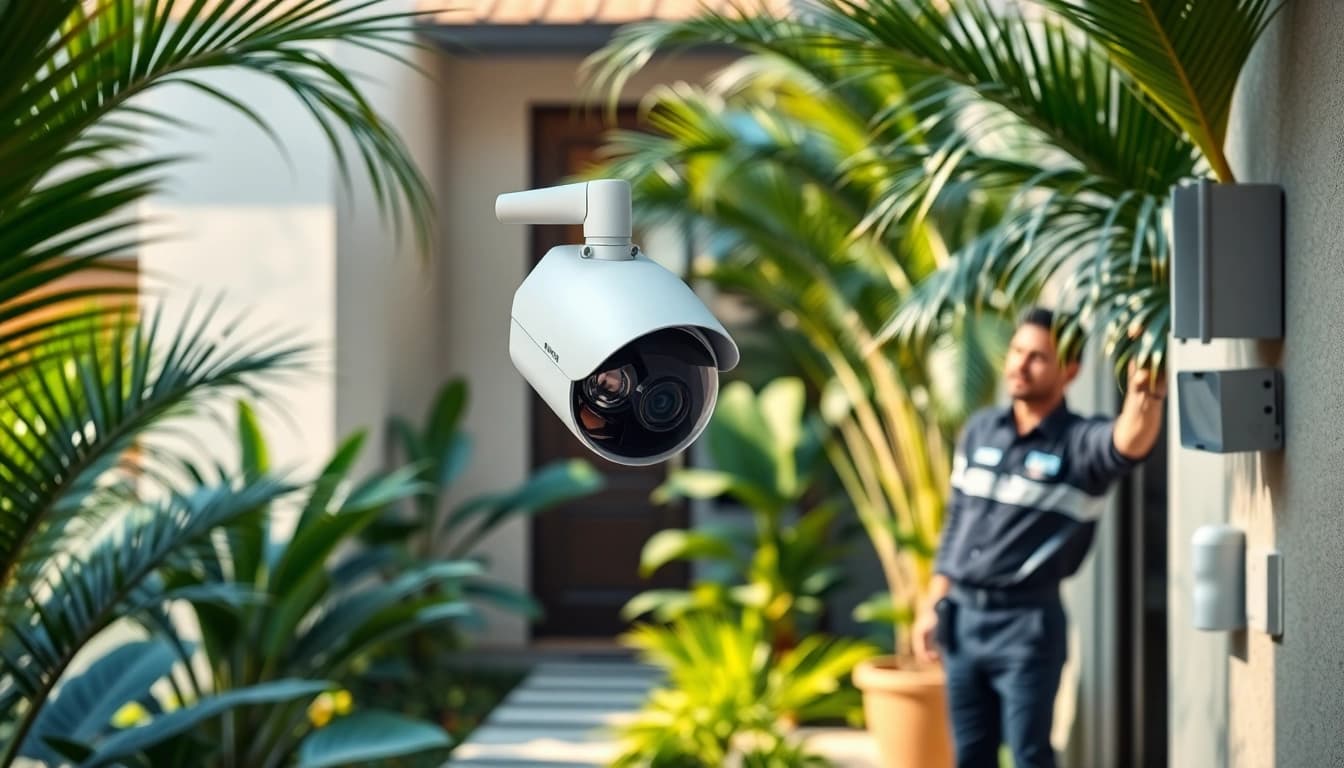 Instalación de cámaras de seguridad en una casa moderna, mostrando tecnología inteligente y servicio profesional.