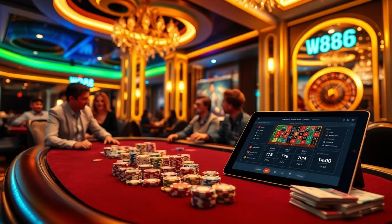 Người chơi W88 đang tận hưởng một ván poker sôi động trong một casino cao cấp.