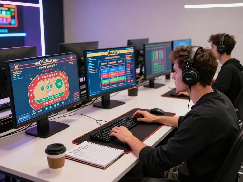 F168 đăng nhập at modern online gaming setup showcasing various casino games on screens, capturing strategic gambling moment.