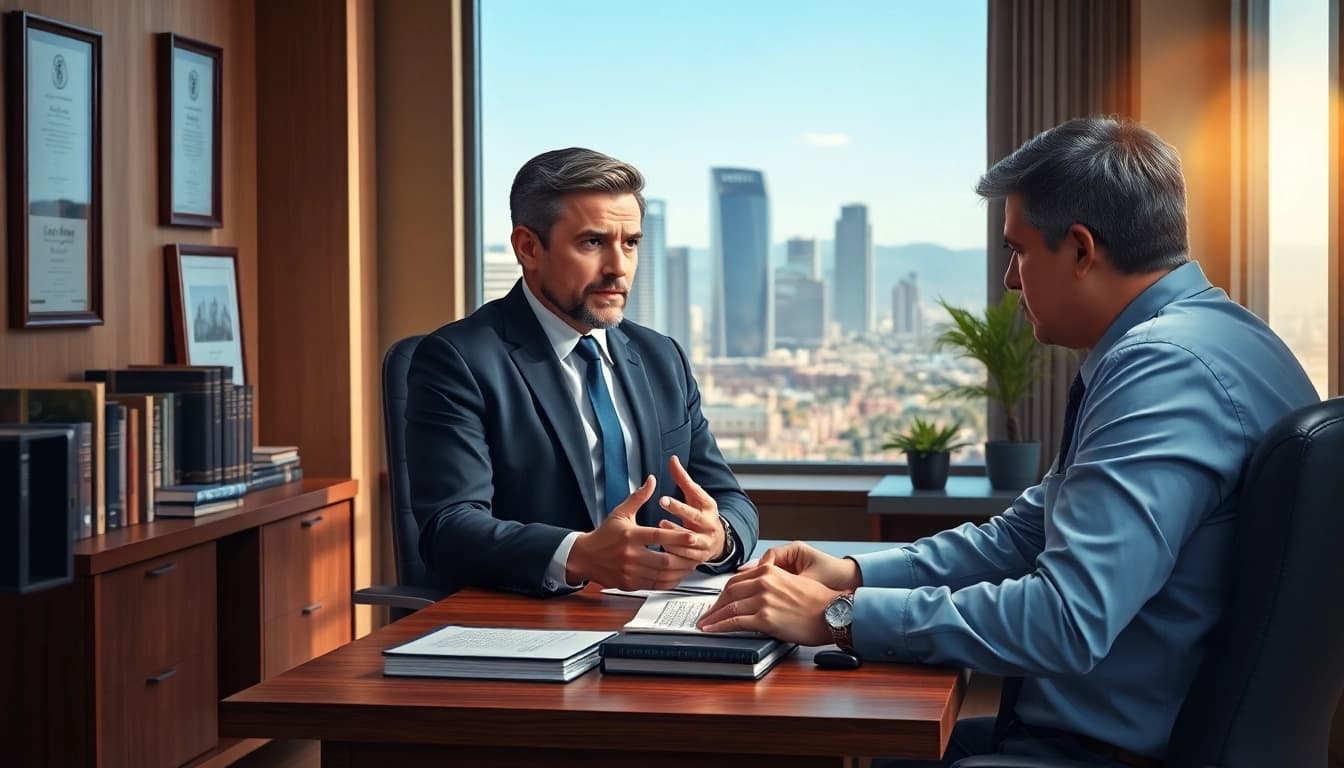 Best Criminal Lawyer near Phoenix, AZ confidently consulting with a client in a modern office.