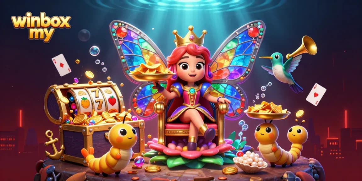 Winbox my immersive casino experience with vibrant characters, slots, and gold coins.