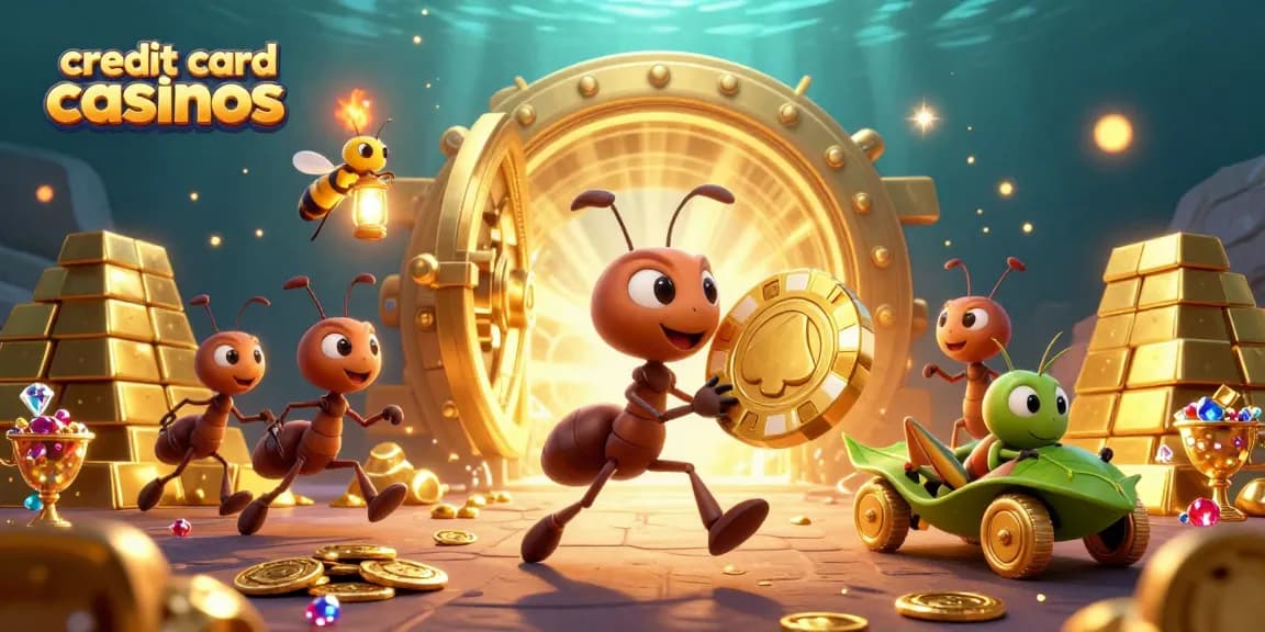 Catch the excitement of credit card casinos with a heist scene featuring cartoon ants and dazzling treasures.