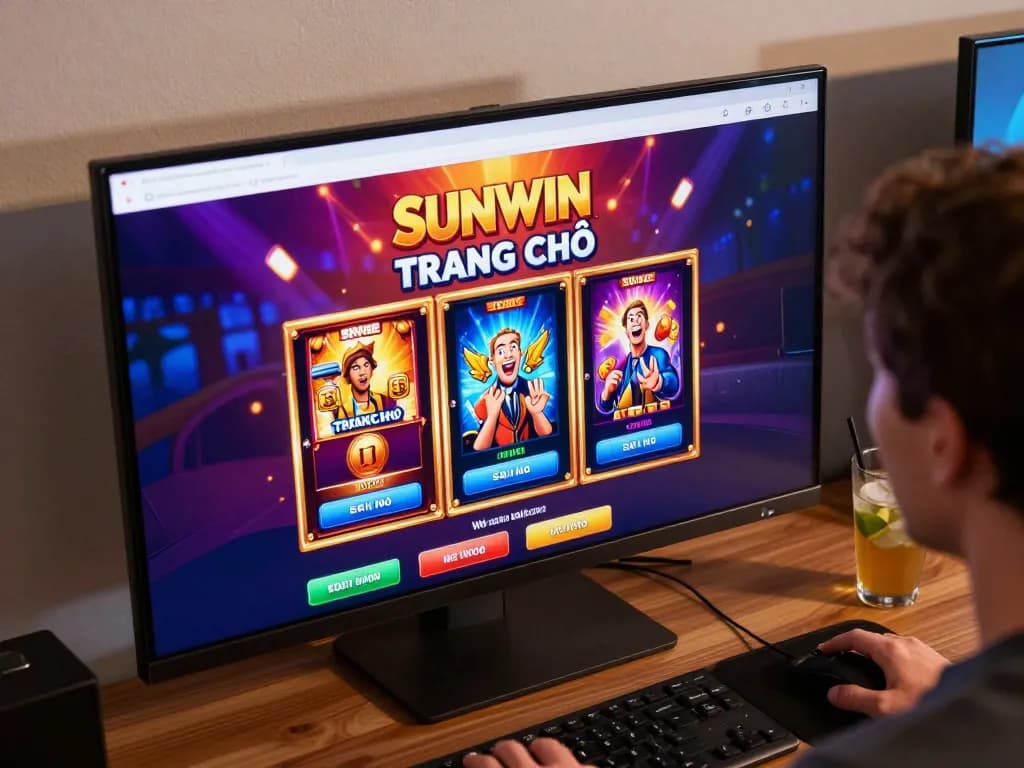 Engaging player exploring games on SUNWIN TRANG CHỦ online casino platform, showcasing vibrant slot graphics and cozy atmosphere.