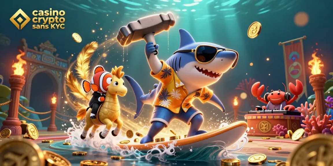 Plongez dans l'univers du casino crypto sans KYC avec une scène animée de requins et de créatures marines.