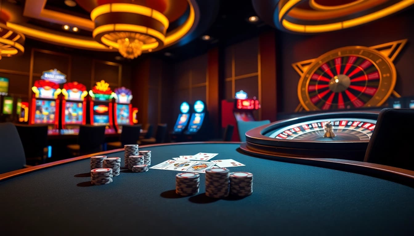 Engaging poker scene showcasing nhà cái rr88 with casino chips and cards on display.