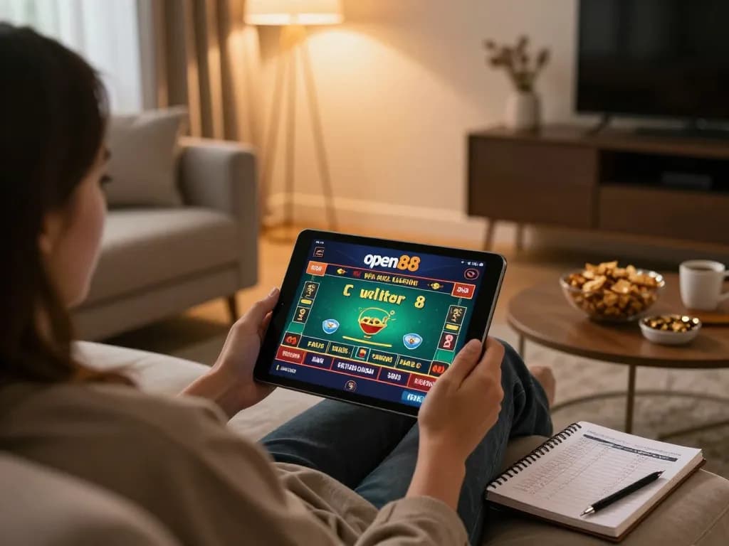 Engaging gameplay on open88 online casino, featuring tablet gaming in a cozy home setting