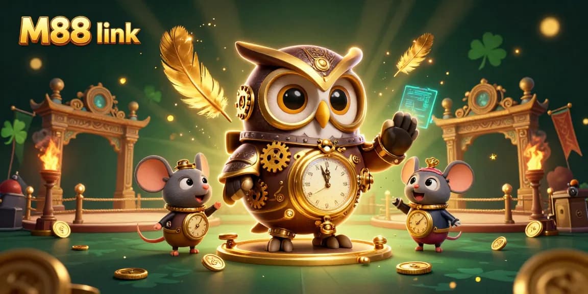 Experience M88 link with a vibrant illustration showcasing a time-traveler owl in a steampunk casino world.