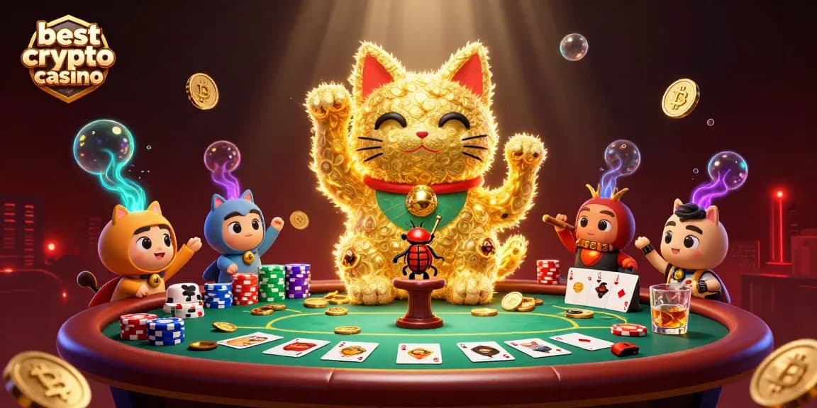 Jouer au meilleur casino crypto avec une scène illustrée d'un chat porte-bonheur et des éléments de poker.
