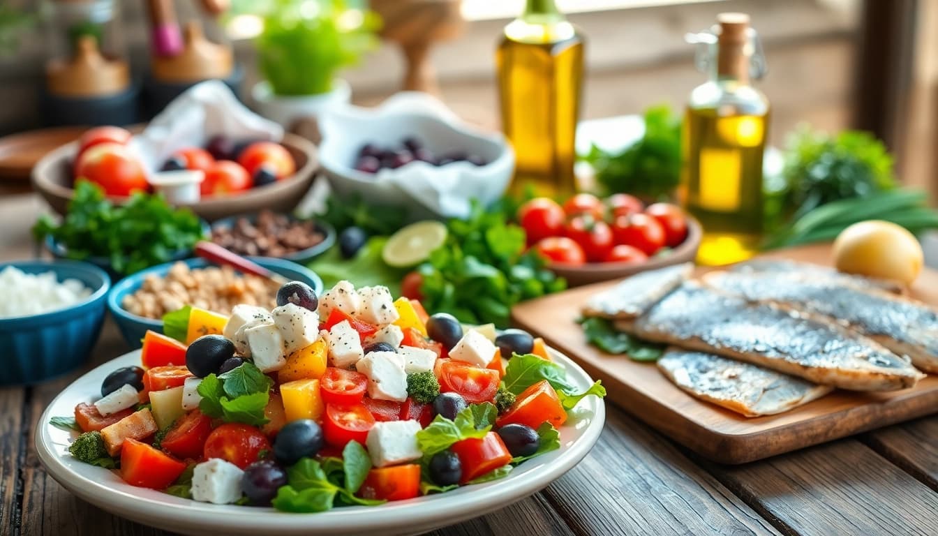 Delicious Mediterranean diet meal featuring fresh vegetables, fish, and olive oil.