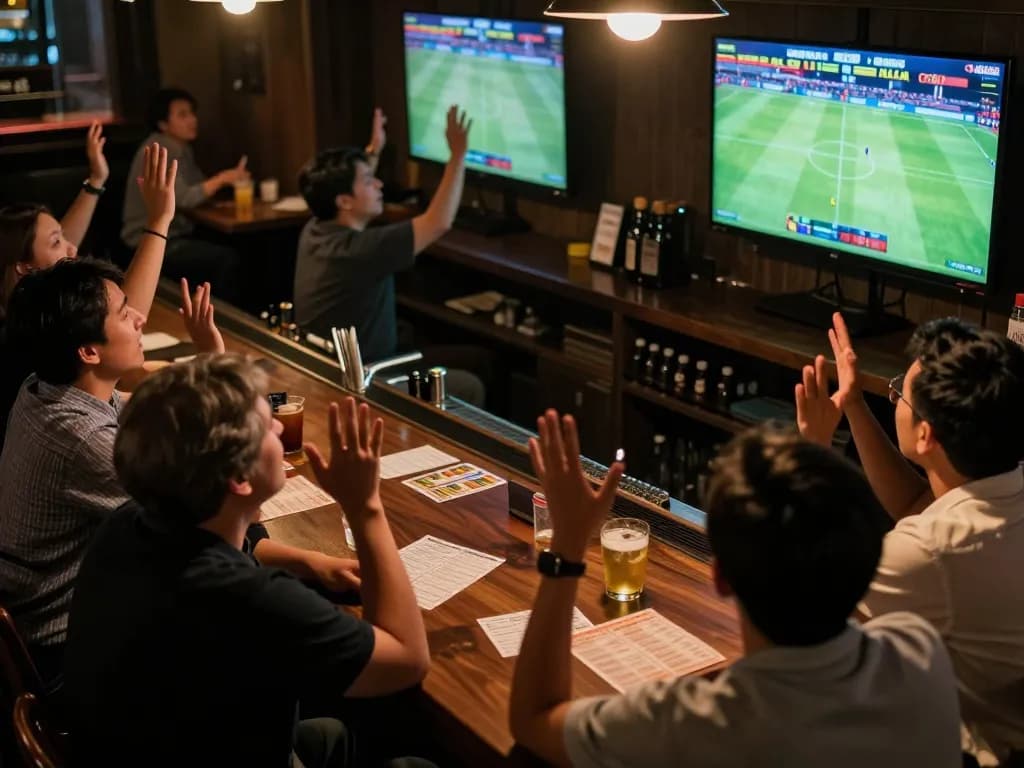 Bongdalu users engaging in sports betting with drinks and betting slips, watching live soccer matches in a lively bar atmosphere.