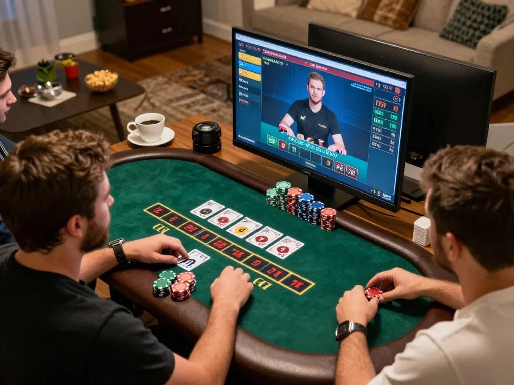 Players enjoying an engaging blackjack game on nhacaiuytin platform from home with warm ambiance