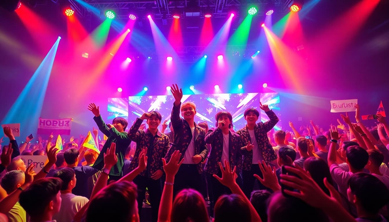 BTS news featuring a vibrant concert scene with members performing and fans cheering.