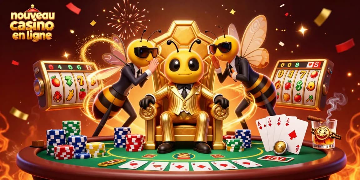Nouveau casino en ligne : la scène animée d'un jeu captivant avec un boss de casino cartoon entouré de gardes.