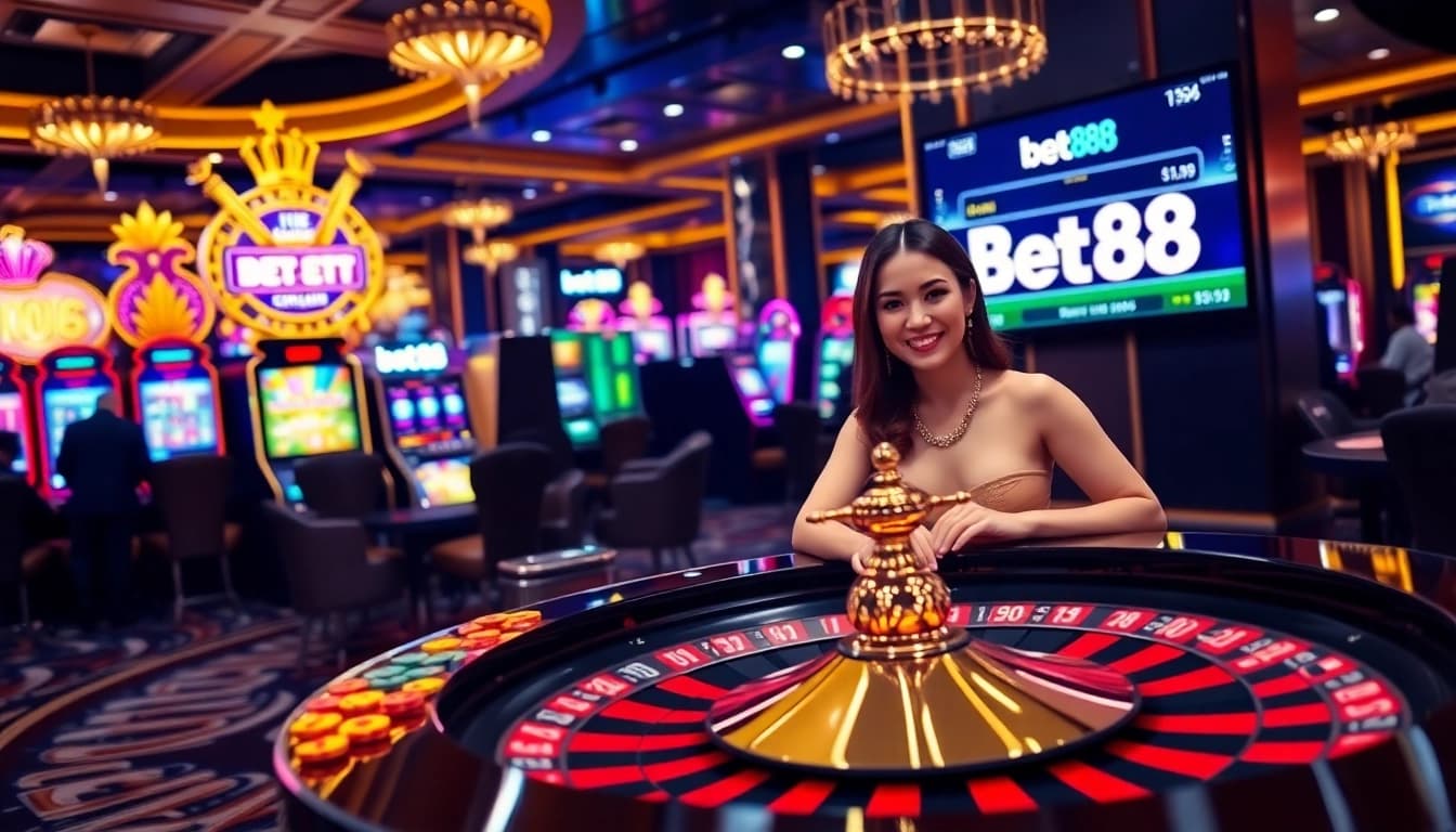 Bet88 players enjoying a thrilling roulette game in a luxurious casino atmosphere.