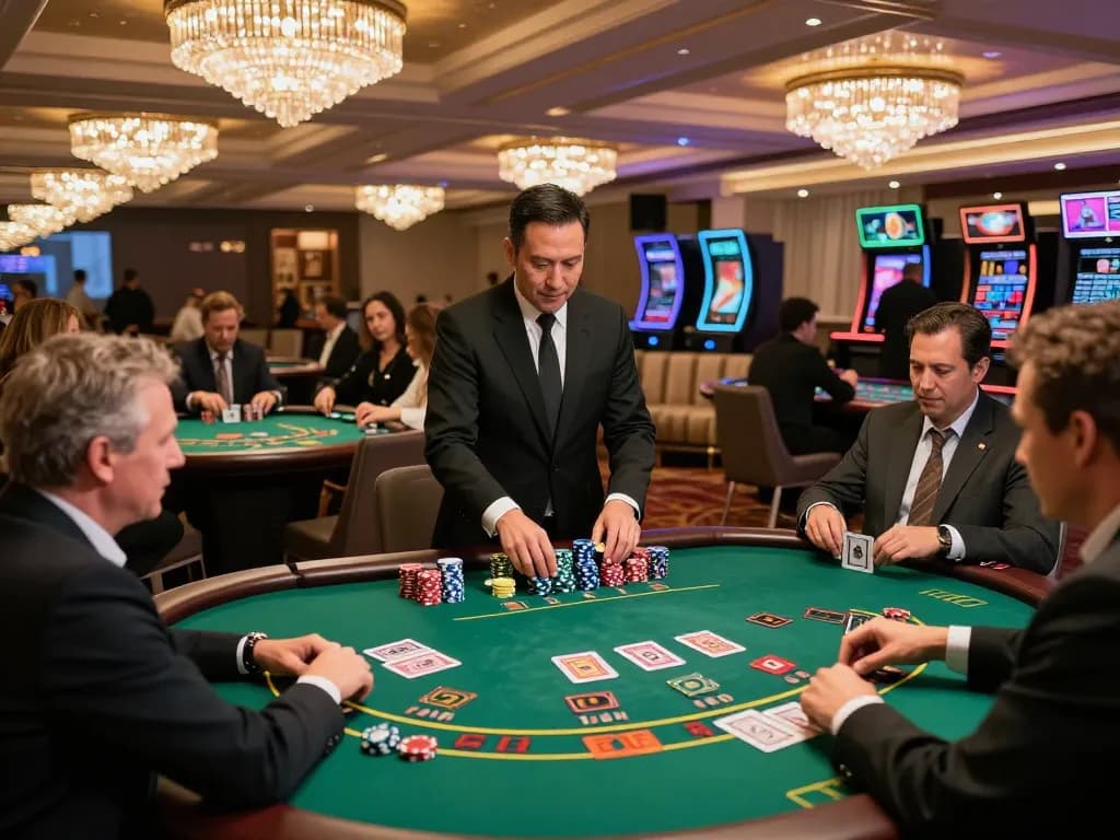 Players at NK88 engage in winning strategies at blackjack tables in a luxurious casino atmosphere
