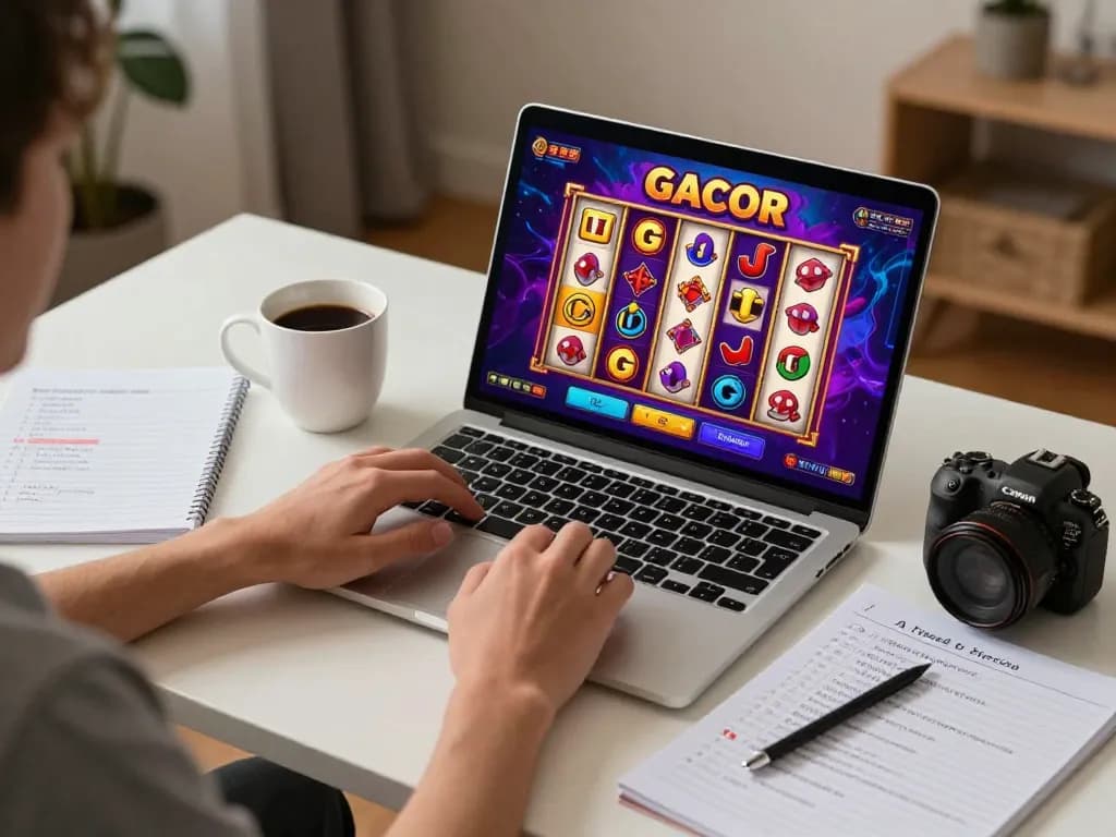Engaged player strategizing for slot gacor online gameplay on a laptop at home, showcasing vibrant gaming graphics.