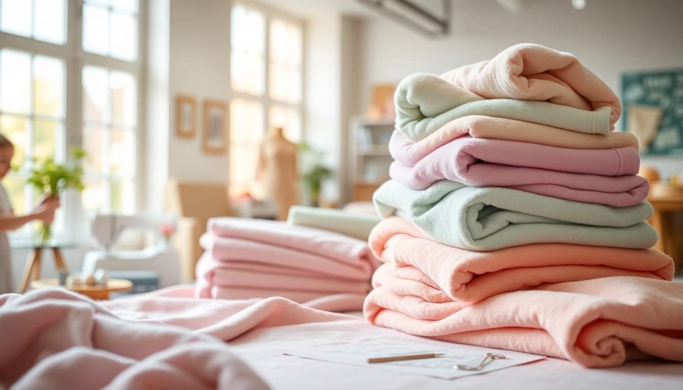 Fleece stoffen in pastelkleuren liggen netjes gestapeld in een gezellige atelier.