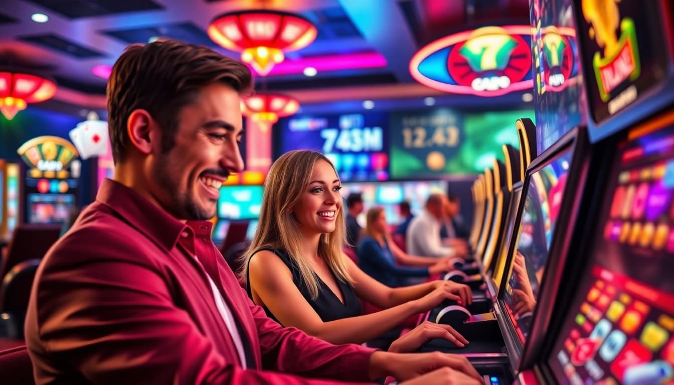 Engaging scene from https://onew88.com/ showcasing players at a modern online casino, highlighting diverse games and a vibrant atmosphere.