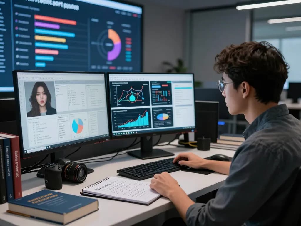 Researcher analyzing ethical implications of sex AI technologies in a modern workspace