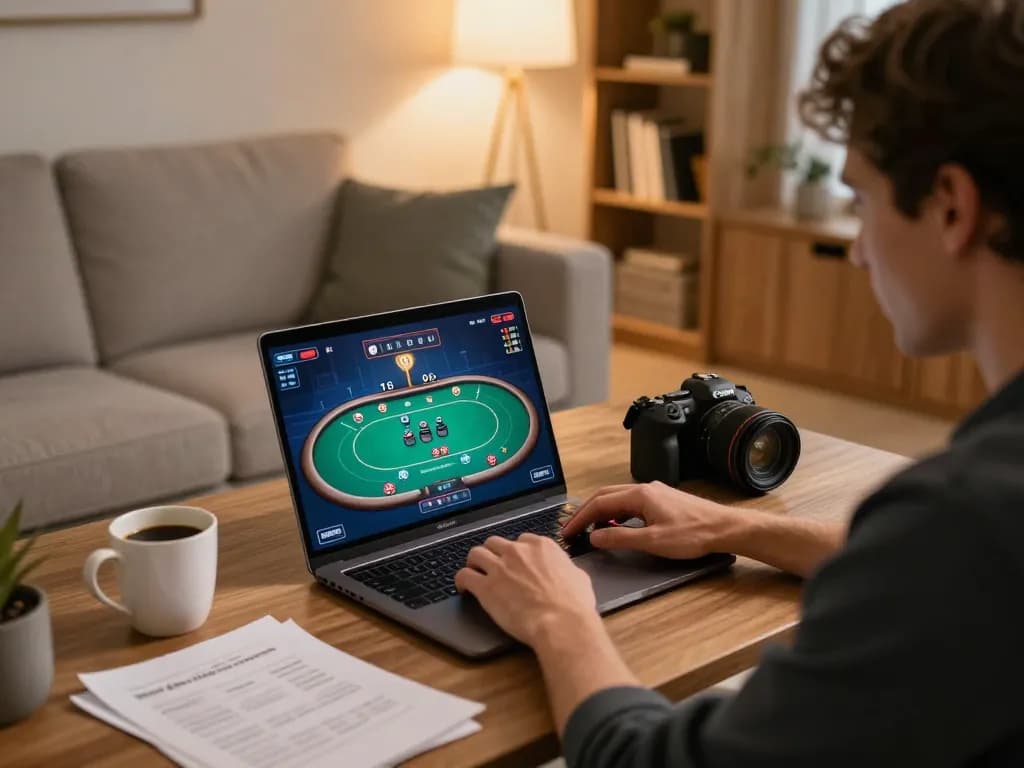 Engaged player enjoying a poker game on 888vi laptop in a cozy home setup.
