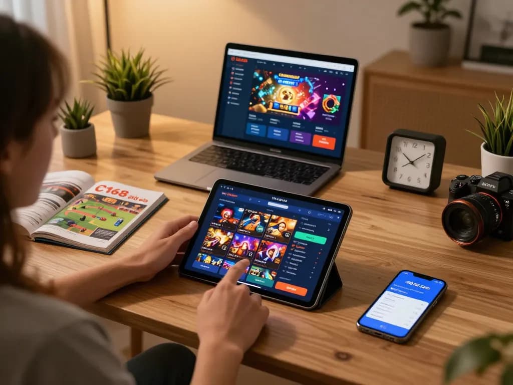 Player using the C168 nhà cái app on a tablet at home with notebooks and strategy guides visible.