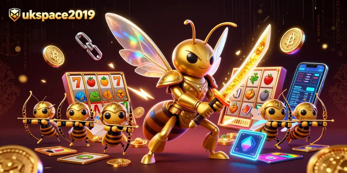 Engage with ukspace2019 showcasing 3D casino action with vibrant golden hornet characters and slot reels.